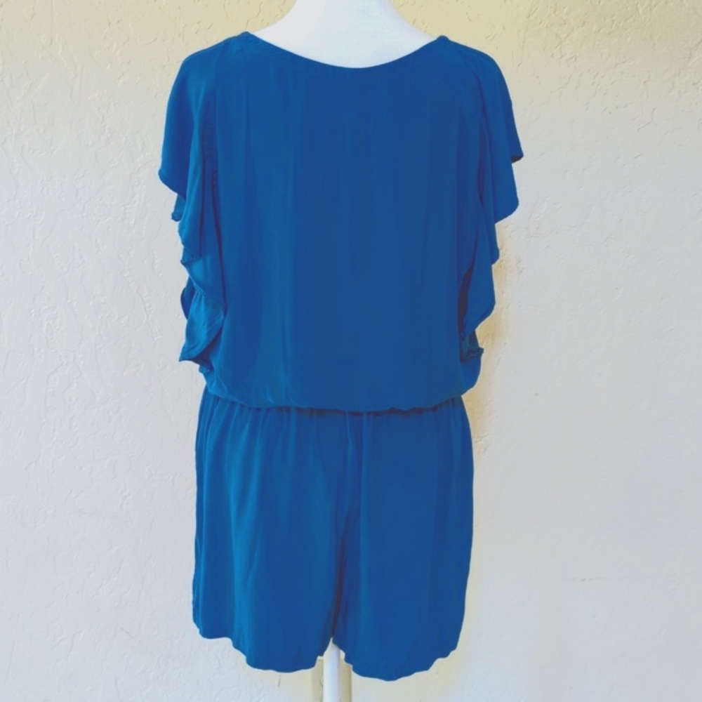LOFT Vibrant Blue Flutter Sleeve Cinched Drawstring Waist Romper Size Medium - Picture 5 of 8